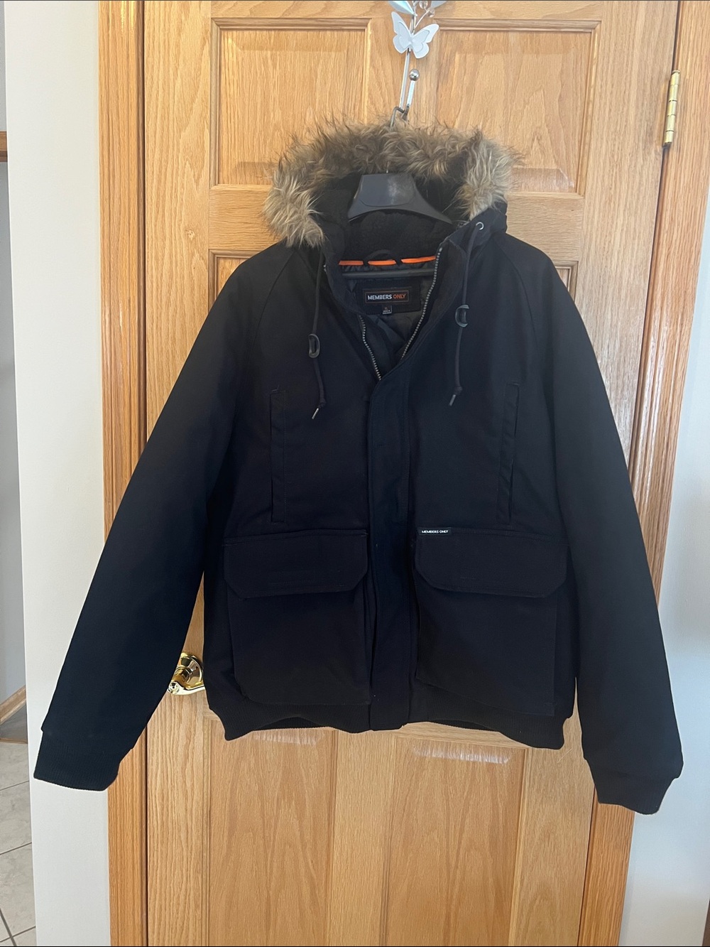 Members Only Black Hooded Jacket with Faux-Fur Trim